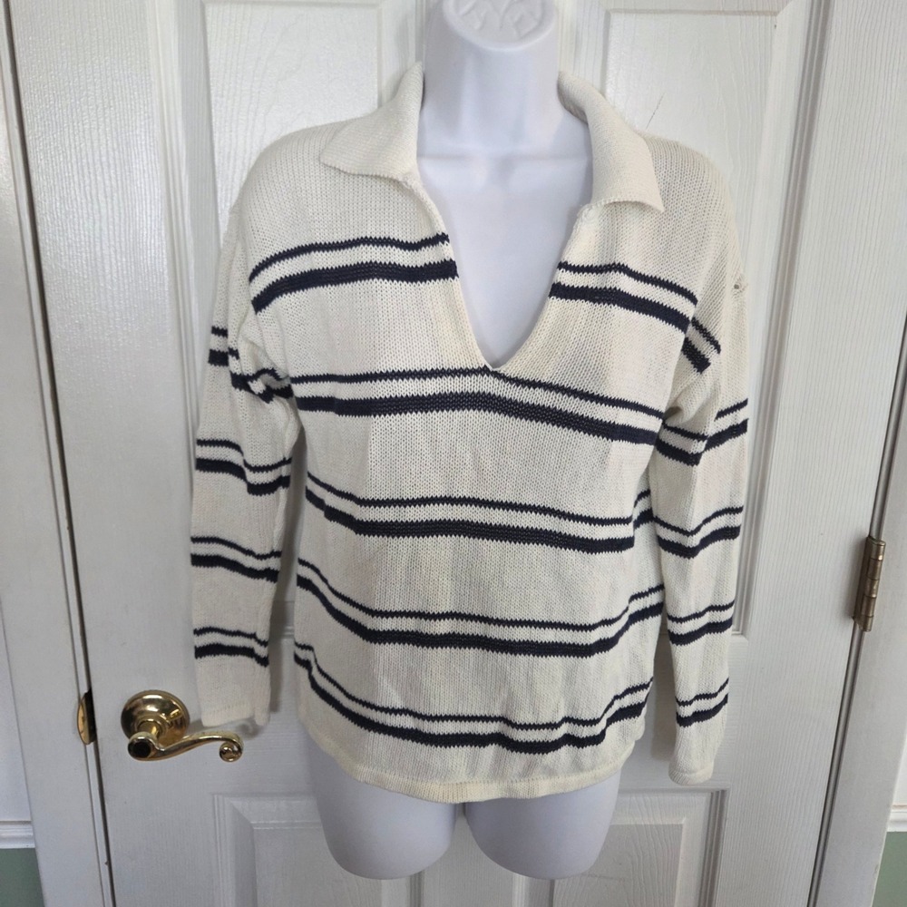 J.McLaughlin Striped Linen Blend Sweater Ivory Navy Blue Johnny Collar XS Preppy